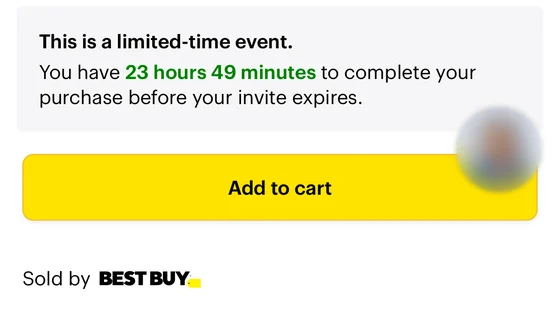Best Buy's product page for an invited account once buying opened: 'This is a limited-time event. You have 23 hours 49 minutes to complete your purchase before your invite expires', an Add to cart button and 'Sold by Best Buy'