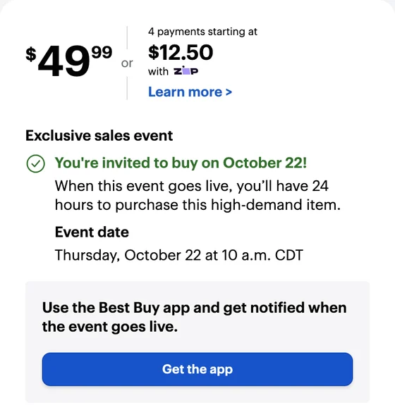 Best Buy's product page for the Prismatic Evolutions Elite Trainer Box once invited: $49.99, 'You're invited to buy on October 22!', event date Thursday, October 22 at 10 a.m. CDT, and a Get the app button