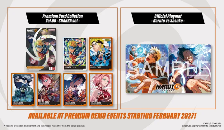 The Premium Card Collection Vol.00 CHAKRA Set and the Official Playmat NARUTO VS. SASUKE, marked SAMPLE