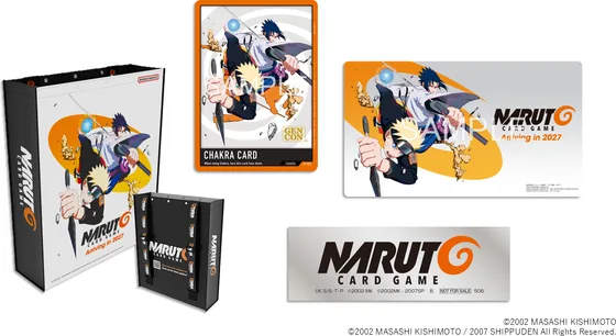 Bandai's Gen Con giveaway set: a backpack, the CP-001 Chakra Card, the Official Playmat -Arriving in 2027- and a logo sticker