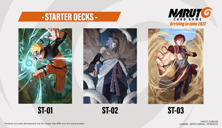 Starter Deck cover art for ST-01 Naruto, ST-02 Sasuke and ST-03 Gaara