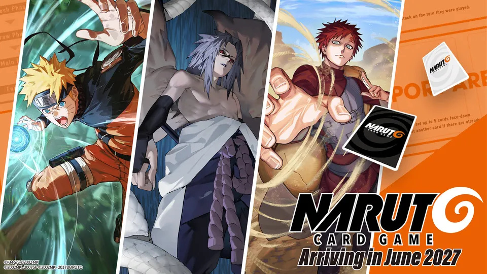 NARUTO CARD GAME key art with Naruto, Sasuke and Gaara, arriving in June 2027