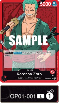 Roronoa Zoro leader card OP01-001; the enlarged corner shows block number 1, not legal in Standard