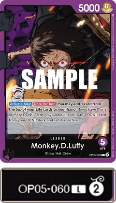 Monkey.D.Luffy leader card OP05-060; the enlarged corner shows block number 2