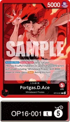 Portgas.D.Ace leader card OP16-001; the enlarged corner shows block number 5