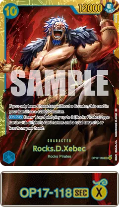 Rocks.D.Xebec card OP17-118; the enlarged corner shows block X