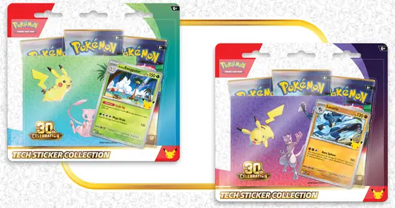The two 30th Celebration Tech Sticker Collections, Lucario and Alolan Exeggutor
