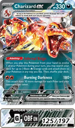 Charizard ex from Obsidian Flames; the enlarged corner shows regulation mark G, no longer legal in Standard