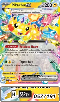 Pikachu ex from Surging Sparks; the enlarged corner shows regulation mark H