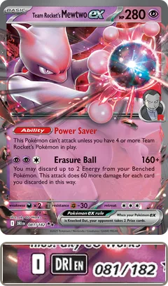 Team Rocket's Mewtwo ex from Destined Rivals; the enlarged corner shows regulation mark I