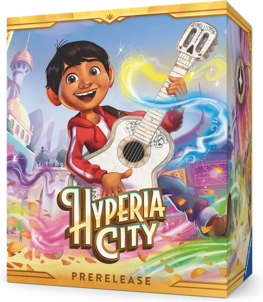 The Disney Lorcana Hyperia City Prerelease Box, showing Miguel with his guitar on the front