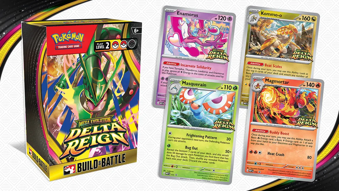 The Pokémon Delta Reign Build and Battle Box with its four promo cards: Enamorus, Kommo-o, Masquerain and Magmortar