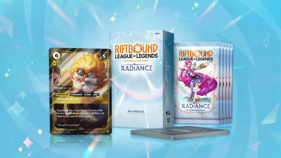 The Riftbound Radiance Pre-Rift Kit box with five booster packs, a mini-deck and the stamped Heimerdinger, Academy Instructor promo card