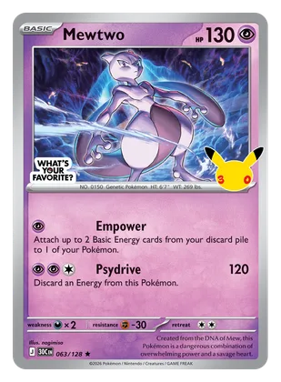 The 30th Celebration Mewtwo promo card with the What's Your Favorite? stamp
