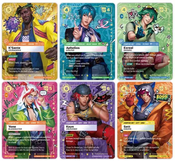 Six Heartsteel Overnumber cards: K'Sante, Aphelios, Ezreal, Yone, Kayn and Sett