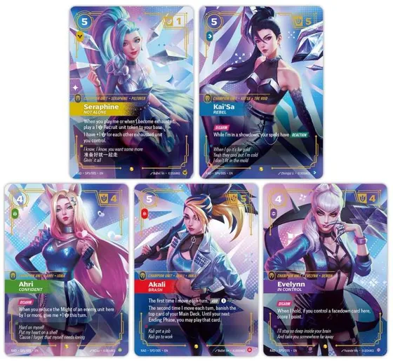 The five K/DA Special cards: Seraphine, Kai'Sa, Ahri, Akali and Evelynn